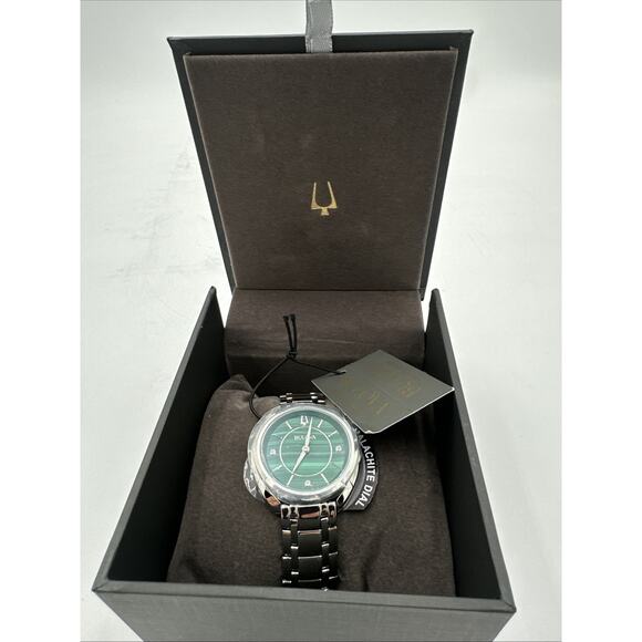 Bulova Classic Diamond Malachite Stainless Steel Quartz Ladies Watch 96P256 NWT